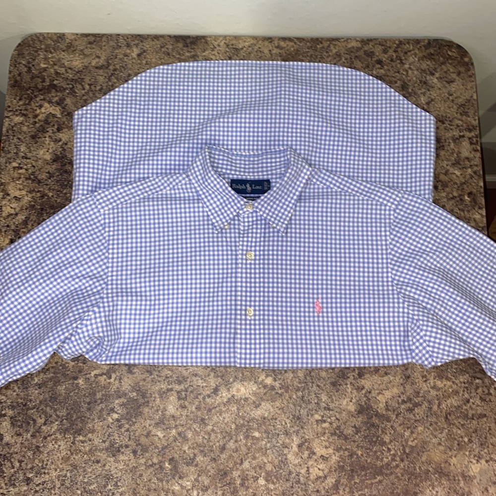 Ralph Lauren Classic Fit Short Sleeve Gingham Blue White Button Down 100% Cotton - Picture 11 of 12